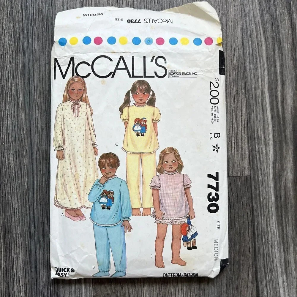 McCall’s 7730 Vintage Raggedy Ann Doll Girls Nightgown & Pajamas Sewing Pattern